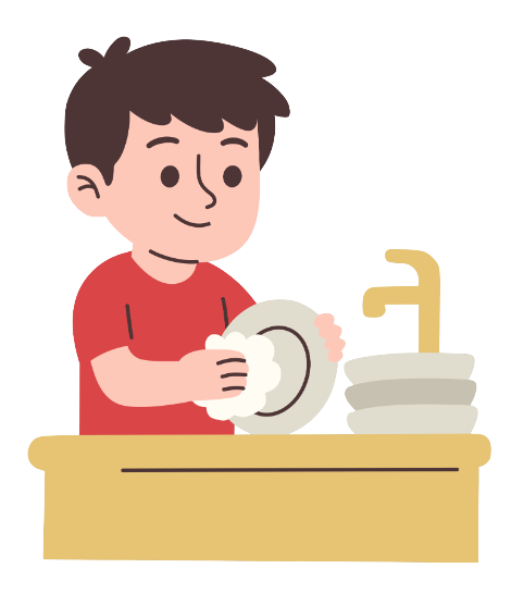 Illustration of a boy washing dishes at the sink