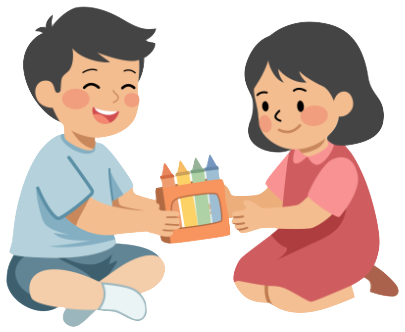 Illustration of two children happily sharing a box of crayons